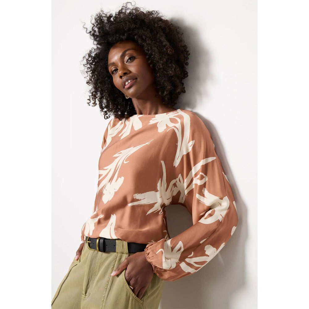 Evereve Floral Blouse Womens Small Rust Cream Dolman Sleeve Lyocell Elastic Hem